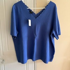 Talbots Royal Blue Scalloped edged V-Neck Blouse short‎ sleeve sweater 3X Petite
